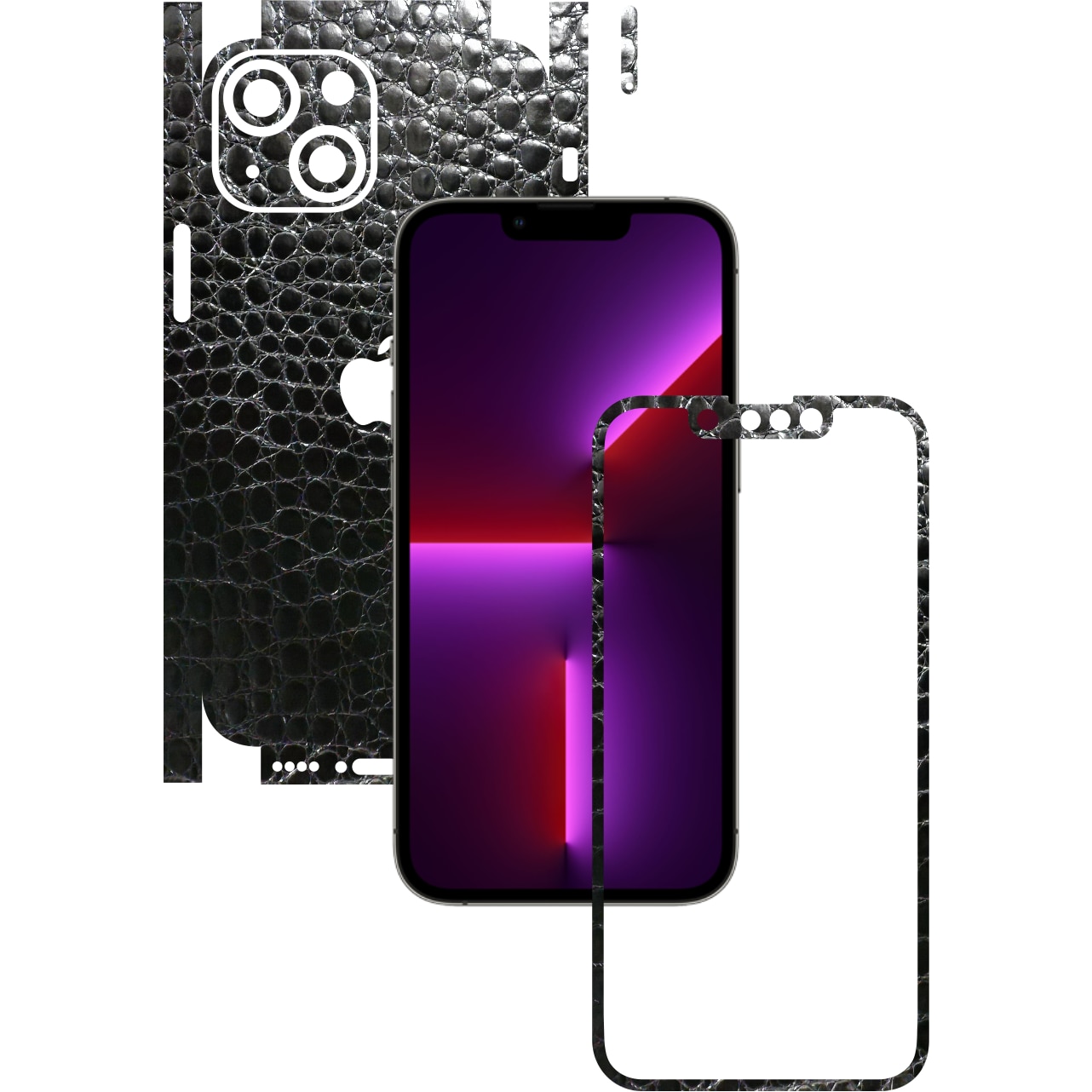 Folie Protectie Carbon Skinz pentru Apple iPhone 13 Mini - Piele Neagra Crocodil 360 Cut, Skin Adeziv Full Body Cover pentru Rama Ecran, Carcasa Spate si Laterale