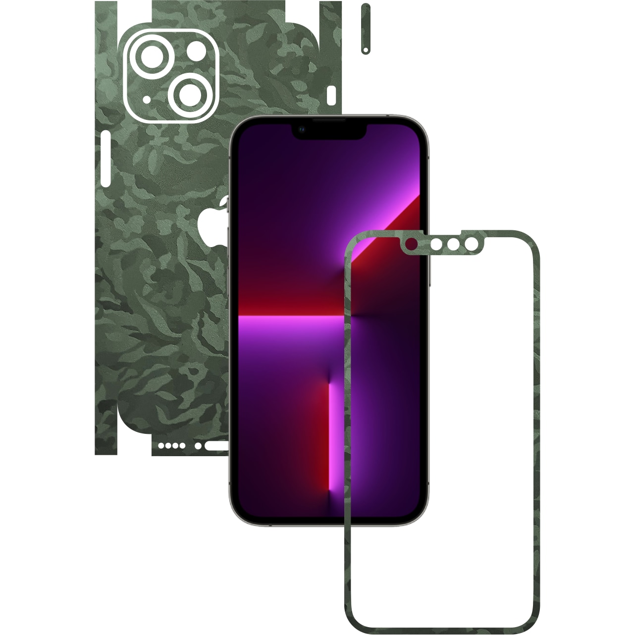 Folie Protectie Carbon Skinz pentru Apple iPhone 13 Mini - Camo Verde Military Green Shadow 360 Cut, Skin Adeziv Full Body Cover pentru Rama Ecran, Carcasa Spate si Laterale