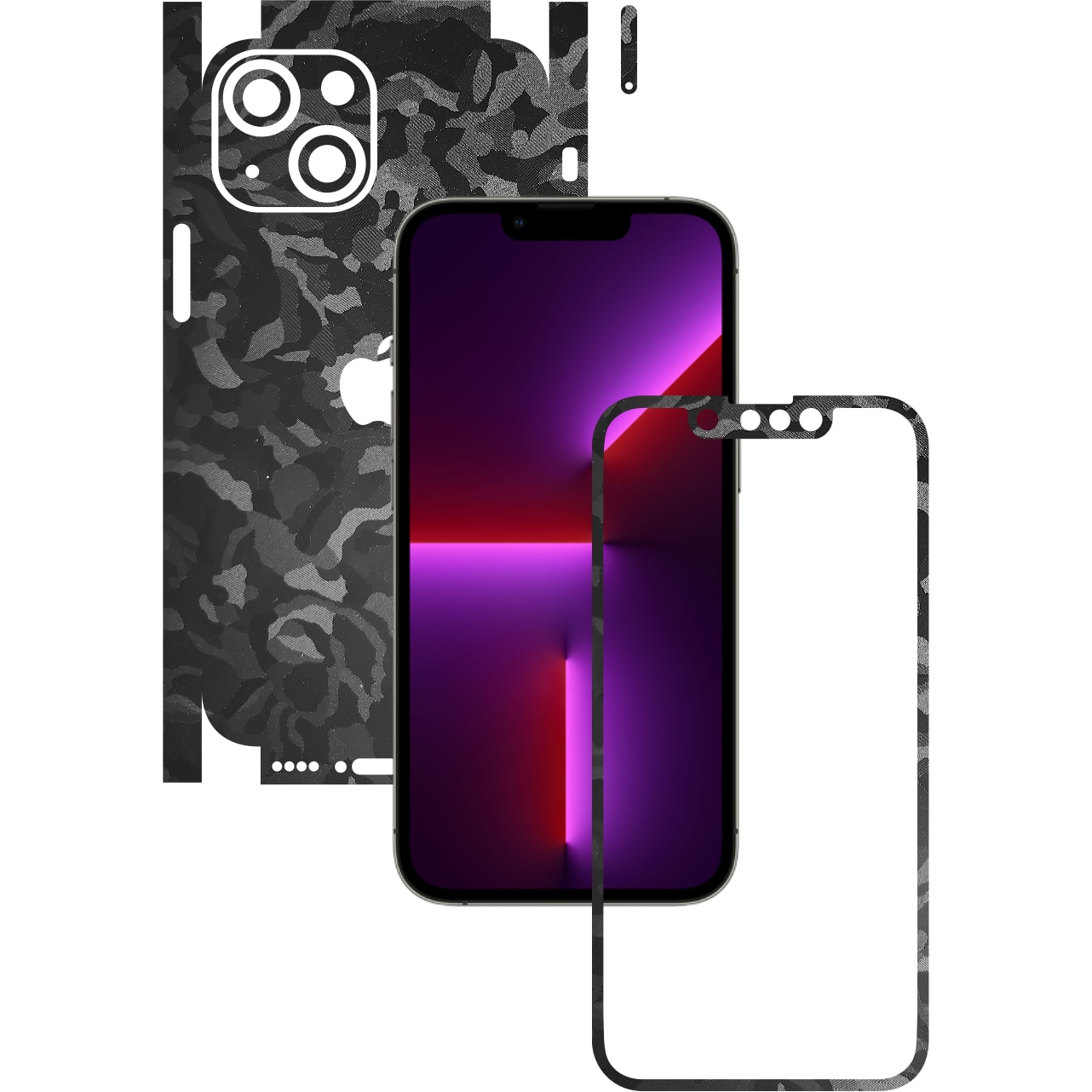 Folie Protectie Carbon Skinz pentru Apple iPhone 13 Mini - Camo Negru Black Shadow 360 Cut, Skin Adeziv Full Body Cover pentru Rama Ecran, Carcasa Spate si Laterale