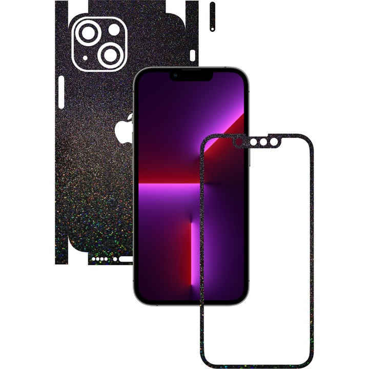 Folie Protectie Carbon Skinz pentru Apple iPhone 13 Mini - Black Galactic Gold 360 Cut, Skin Adeziv Full Body Cover pentru Rama Ecran, Carcasa Spate si Laterale