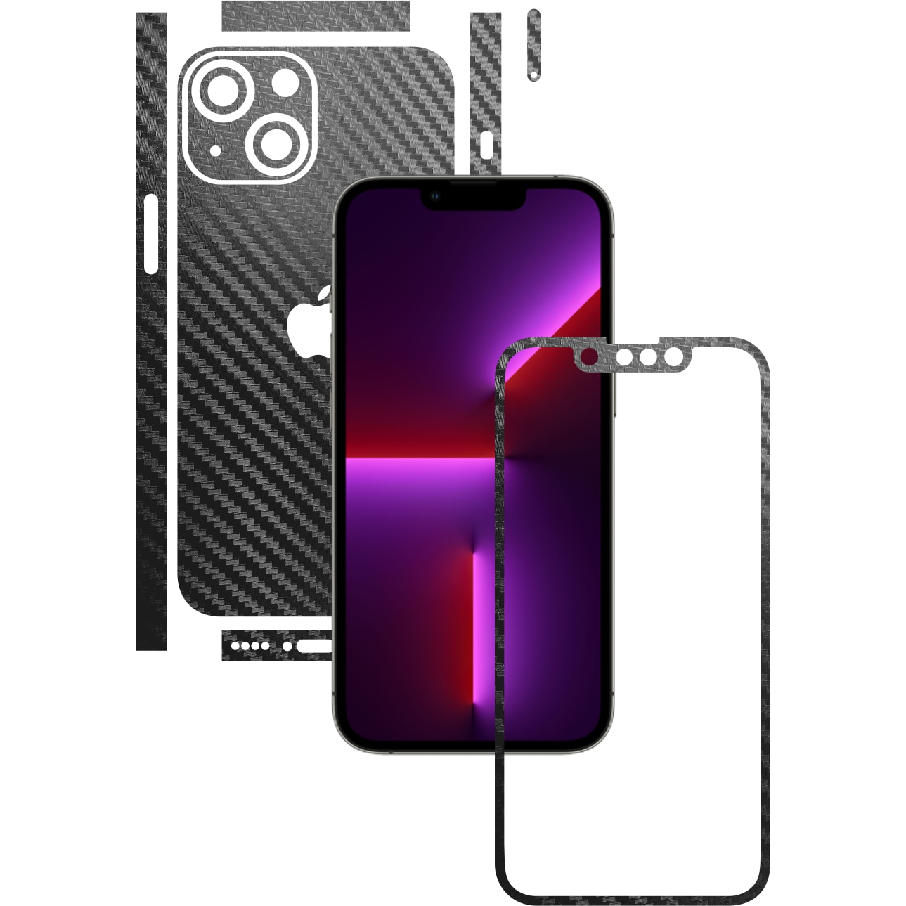 Folie Protectie Carbon Skinz pentru Apple iPhone 13 - Carbon Negru Split Cut, Skin Adeziv Full Body Cover pentru Rama Ecran, Carcasa Spate si Laterale