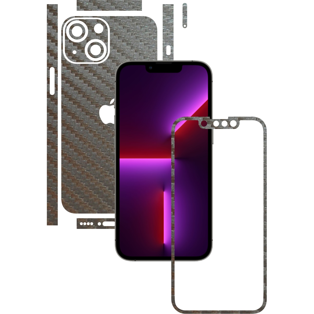 Folie Protectie Carbon Skinz pentru Apple iPhone 13 - Carbon Gri Argintiu Split Cut, Skin Adeziv Full Body Cover pentru Rama Ecran, Carcasa Spate si Laterale