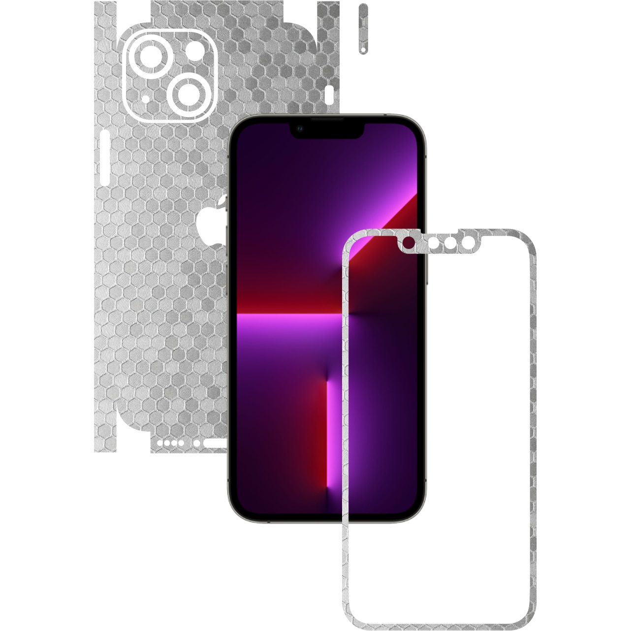 Folie Protectie Carbon Skinz pentru Apple iPhone 13 - Honeycomb Argintiu Silver 360 Cut, Skin Adeziv Full Body Cover pentru Rama Ecran, Carcasa Spate si Laterale