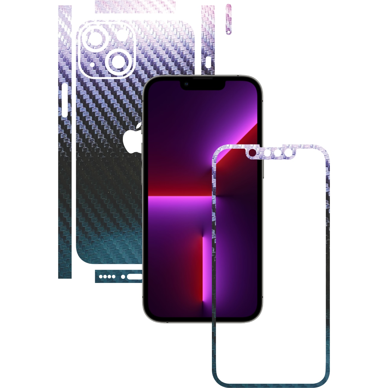 Folie Protectie Carbon Skinz pentru Apple iPhone 13 - Carbon Cameleon Split Cut, Skin Adeziv Full Body Cover pentru Rama Ecran, Carcasa Spate si Laterale