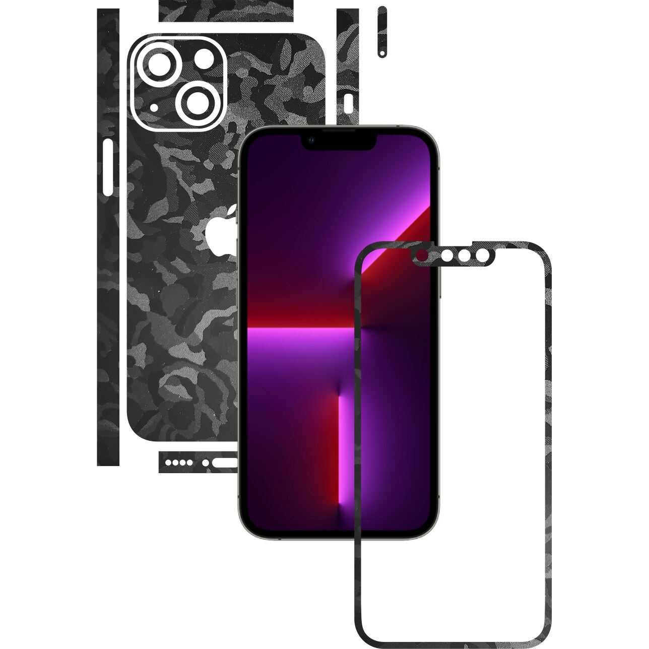 Folie Protectie Carbon Skinz pentru Apple iPhone 13 Mini - Camo Negru Black Shadow Split Cut, Skin Adeziv Full Body Cover pentru Rama Ecran, Carcasa Spate si Laterale