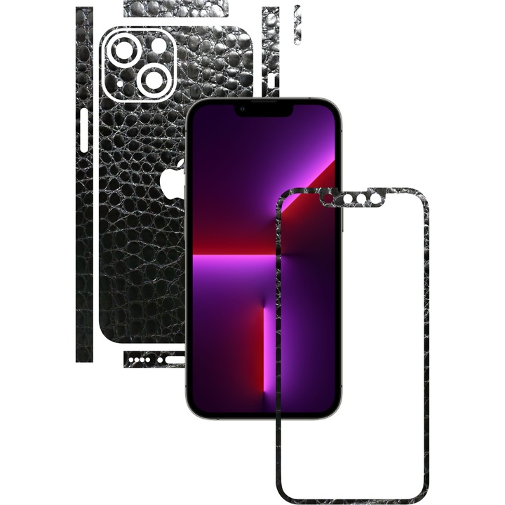 Carbon Skinz védőfólia Apple iPhone 13 Minihez – osztott, vágott fekete krokodilbőr, teljes testet fedő ragasztóbőr képernyőkerethez, hát- és oldaltokhoz