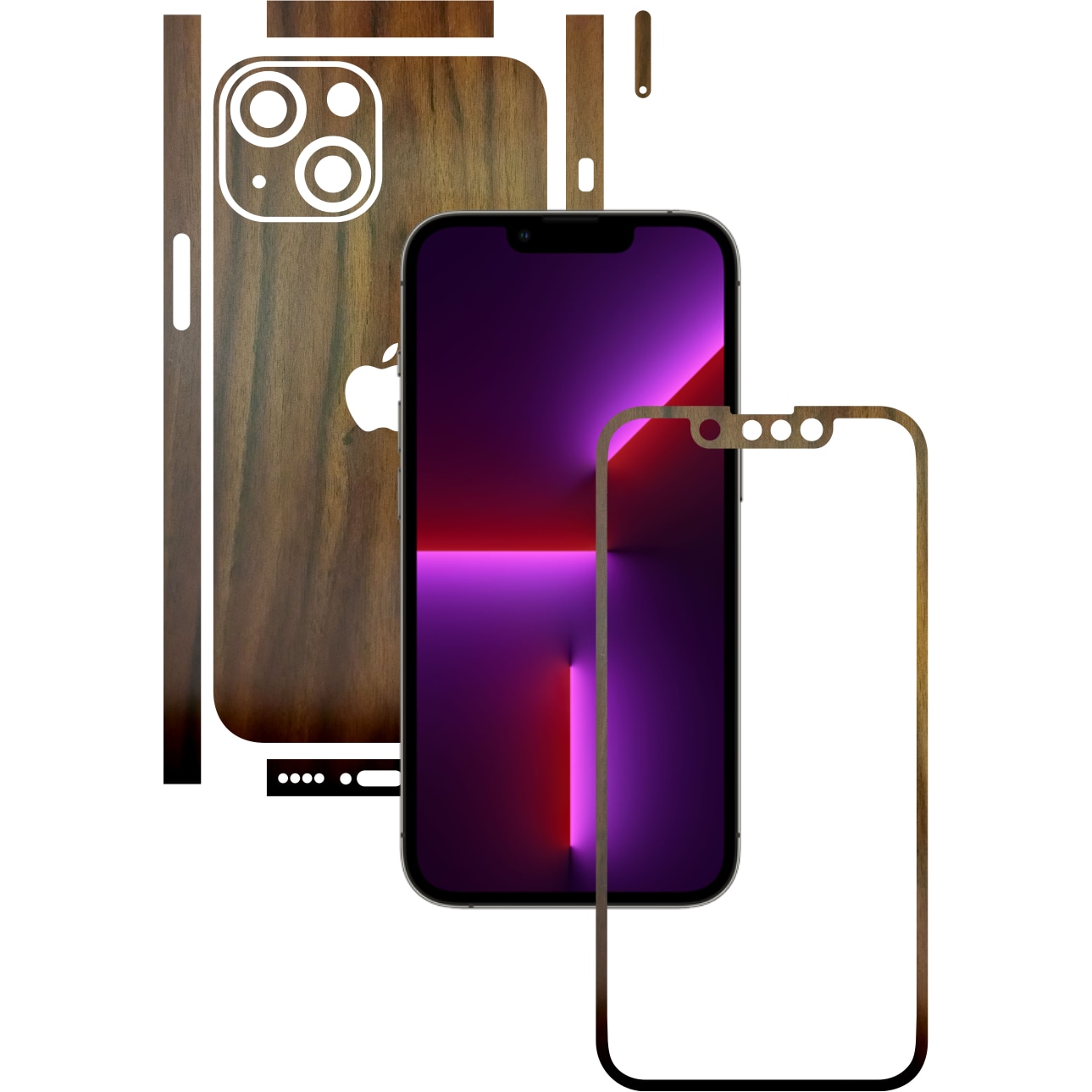 Folie Protectie Carbon Skinz pentru Apple iPhone 13 Mini - Lemn Nuc Split Cut, Skin Adeziv Full Body Cover pentru Rama Ecran, Carcasa Spate si Laterale