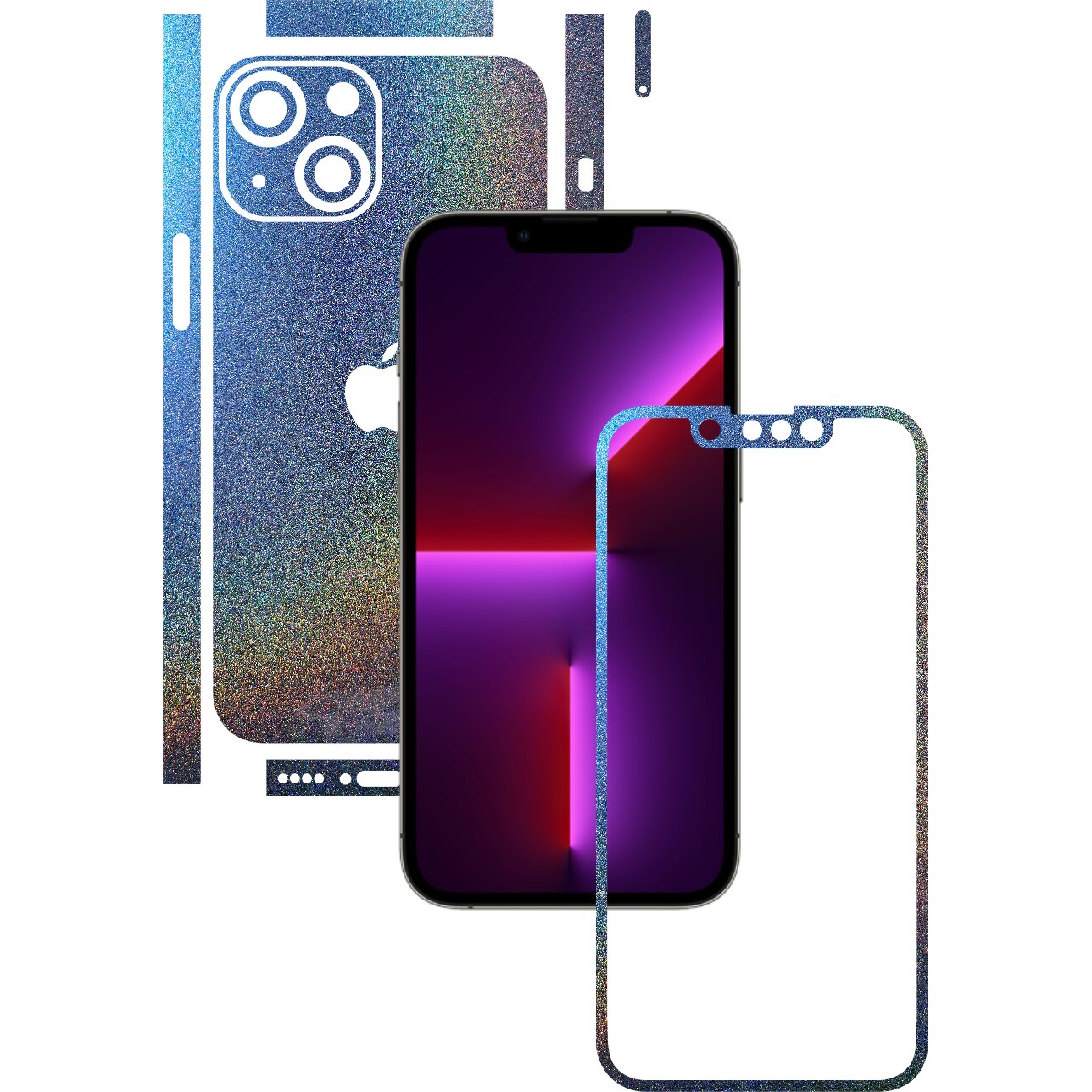 Folie Protectie Carbon Skinz pentru Apple iPhone 13 Mini - Color Shift Intergalactic Blue Split Cut, Skin Adeziv Full Body Cover pentru Rama Ecran, Carcasa Spate si Laterale