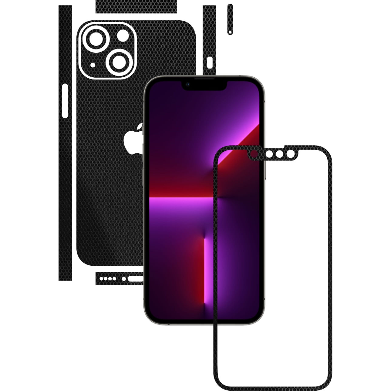 Folie Protectie Carbon Skinz pentru Apple iPhone 13 Mini - Matrix Negru Black Split Cut, Skin Adeziv Full Body Cover pentru Rama Ecran, Carcasa Spate si Laterale