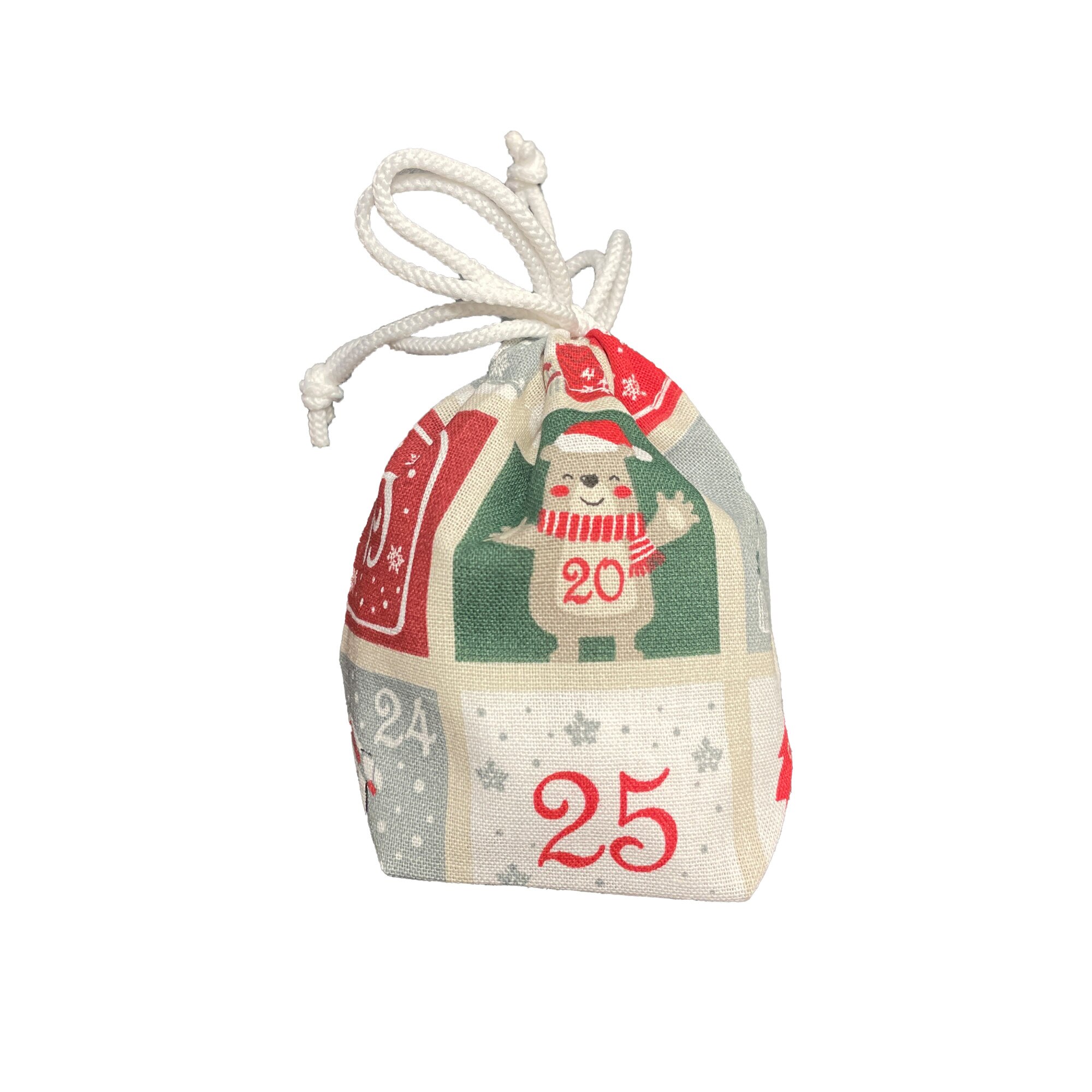 Set 25 bucati saculeti, din bumbac, model Craciun 1, 5x5x8 cm