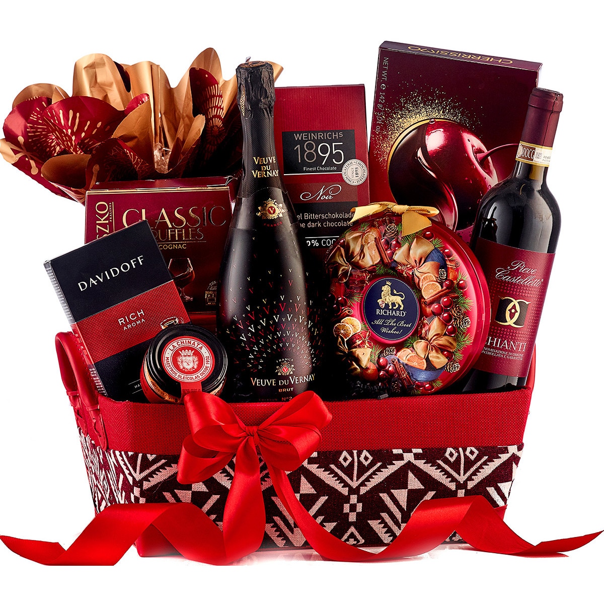 Cos Cadou Speciale Auguri cu Vin Spumant Veuve de Vernay, Panettone, Cafea, Ceai, Praline,Terina, Trufe