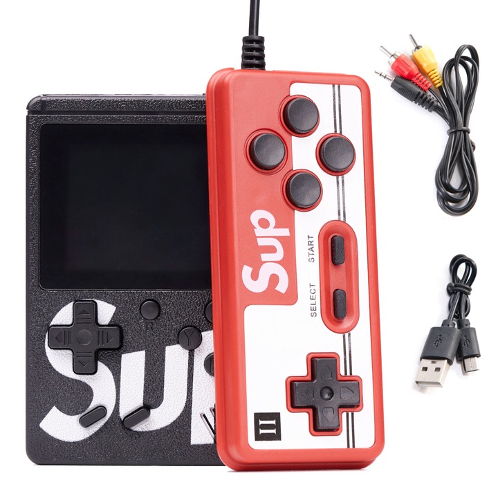 Mini consola retro portabila, Game Box cu 400 de jocuri, negru / rosu
