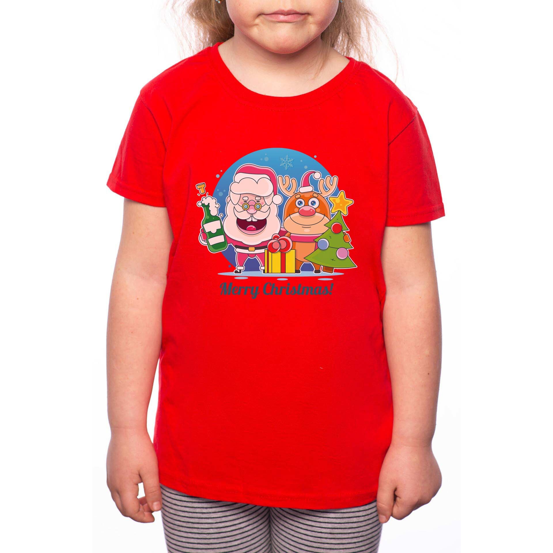 Tricou Fetita, Santa And Rudolph, 100% Bumbac, W174, Rosu