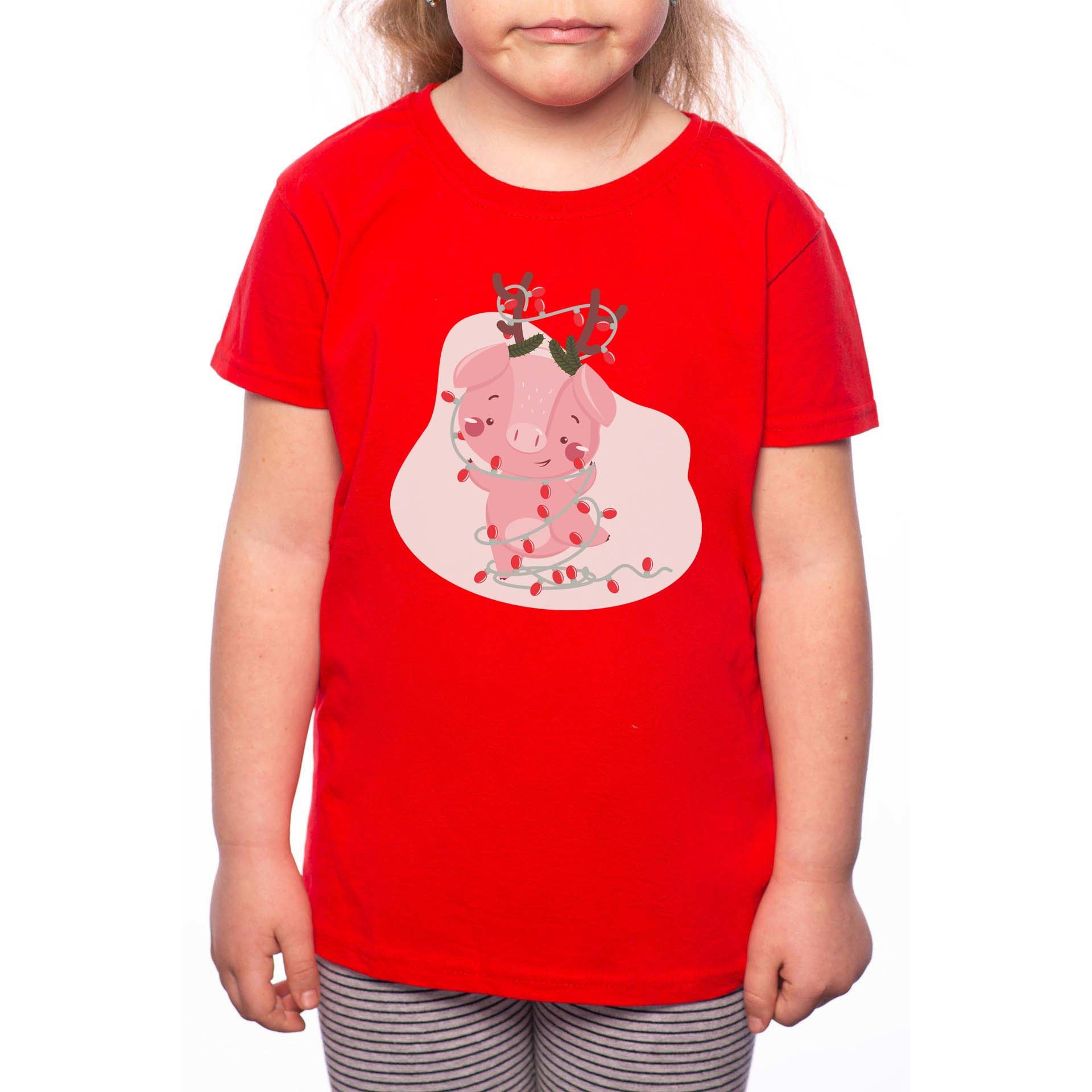 Tricou Fetita, Christmas Pig, 100% Bumbac, W182, Rosu