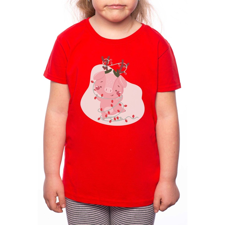 Lányos póló, karácsonyi malac, 100% pamut, R182, Piros