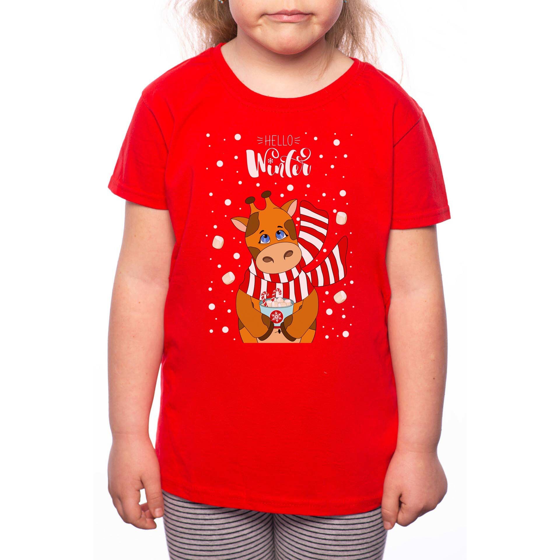 Tricou Fetita, Winter Giraffe, 100% Bumbac, P190, Rosu