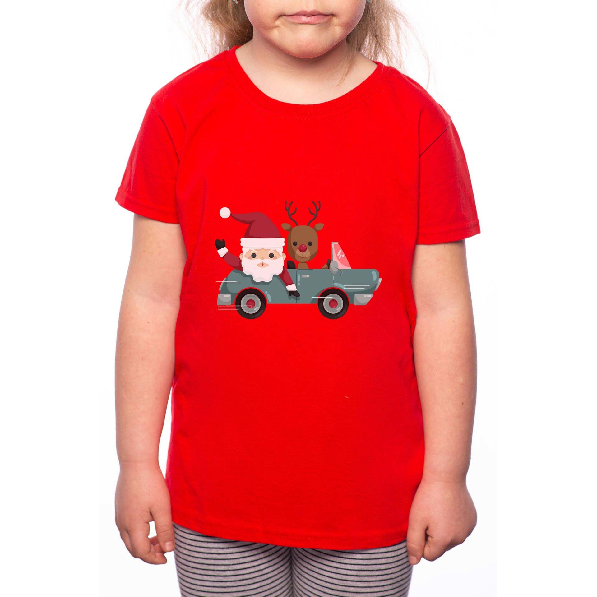 Tricou Fetita, Santa And Rudolph Traveling, 100% Bumbac, P203, Rosu
