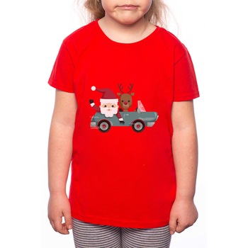 Tricou Fetita, Santa And Rudolph Traveling, 100% Bumbac, P203, Rosu Tricou Fetita, Santa And Rudolph Traveling, 100% Bumbac, P203, Rosu