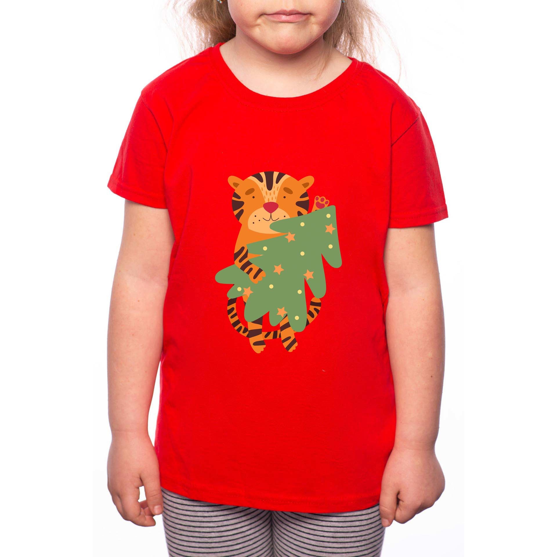 Tricou Fetita, Tiger Holding Christmas Tree, 100% Bumbac, W205, Rosu