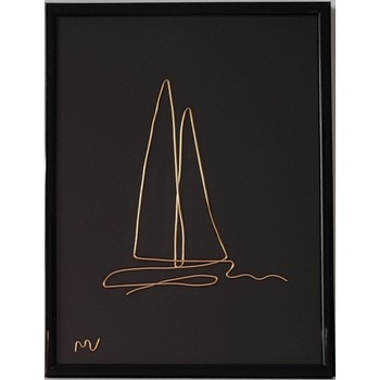 Tablou barca pe mare, sculptura in fir continuu de sarma placata cu aur 18x24 cm - 2245 Tablou barca pe mare, sculptura in fir continuu de sarma placata cu aur 18x24 cm - 2245