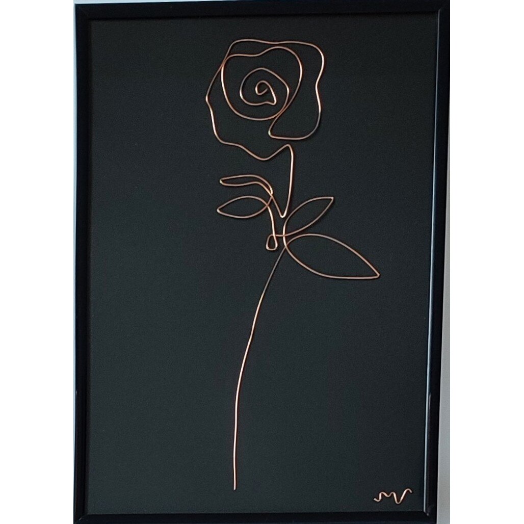 Tablou trandafir, sculptura in fir continuu de sarma placata cu aur roz 21x30 cm - 2247