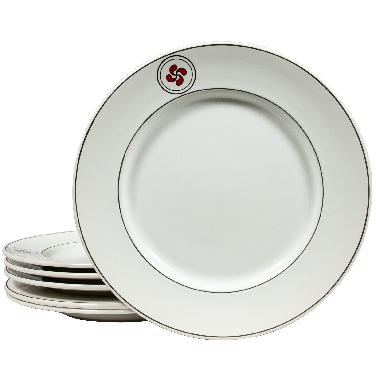 Set 6 farfurii intinse, Cesiro, 26 cm, Alb Pur cu decor elice rosu cu negru