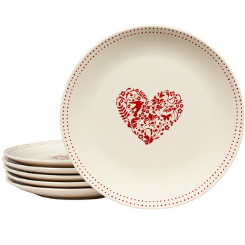Set 6 farfurii intinse, Cesiro, 26 cm, Crem Ivoire cu decor Inima rosie Set 6 farfurii intinse, Cesiro, 26 cm, Crem Ivoire cu decor Inima rosie