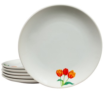 Set 6 farfurii intinse, Cesiro, 26 cm, Alb Pur cu decor trei lalele Set 6 farfurii intinse, Cesiro, 26 cm, Alb Pur cu decor trei lalele