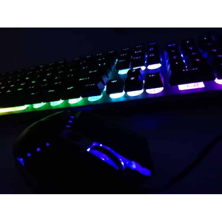 Set gaming T200 tastatura mecanica lumini LED RGB, taste multimedia, anti-ghosting USB- semi-pro si mouse RGB 2400 DPI - eMAG.ro