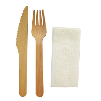 Set tacam lemn biodegradabile, furculita si cutit si servetel, 100 bucati/pachet Set tacam lemn biodegradabile, furculita si cutit si servetel, 100 bucati/pachet