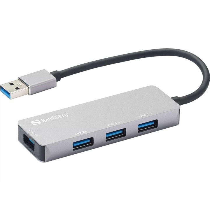 Hub USB 3.0 1x USB 3.0, 3x USB 2.0, Sandberg 333-67, aluminiu