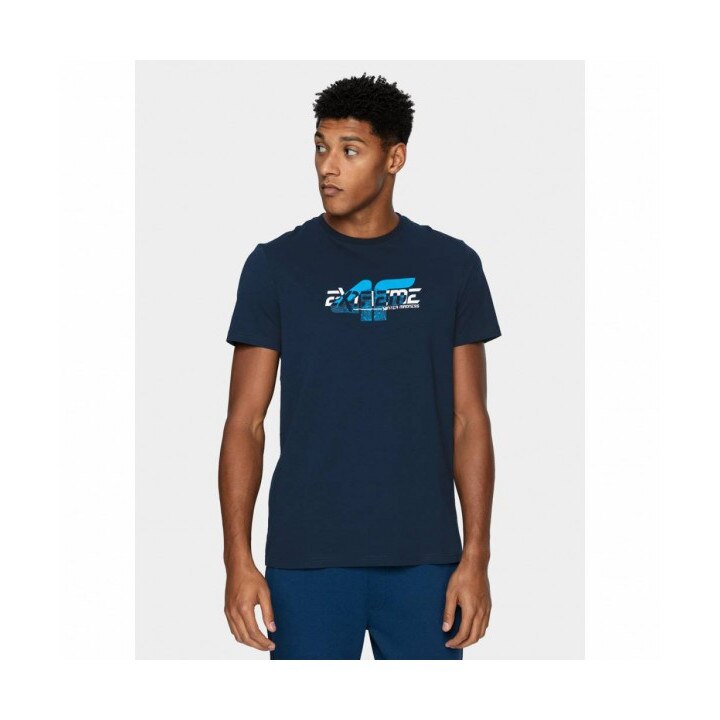 Tricou barbati cu imprimeu logo 4F, Bumbac, Albastru, L
