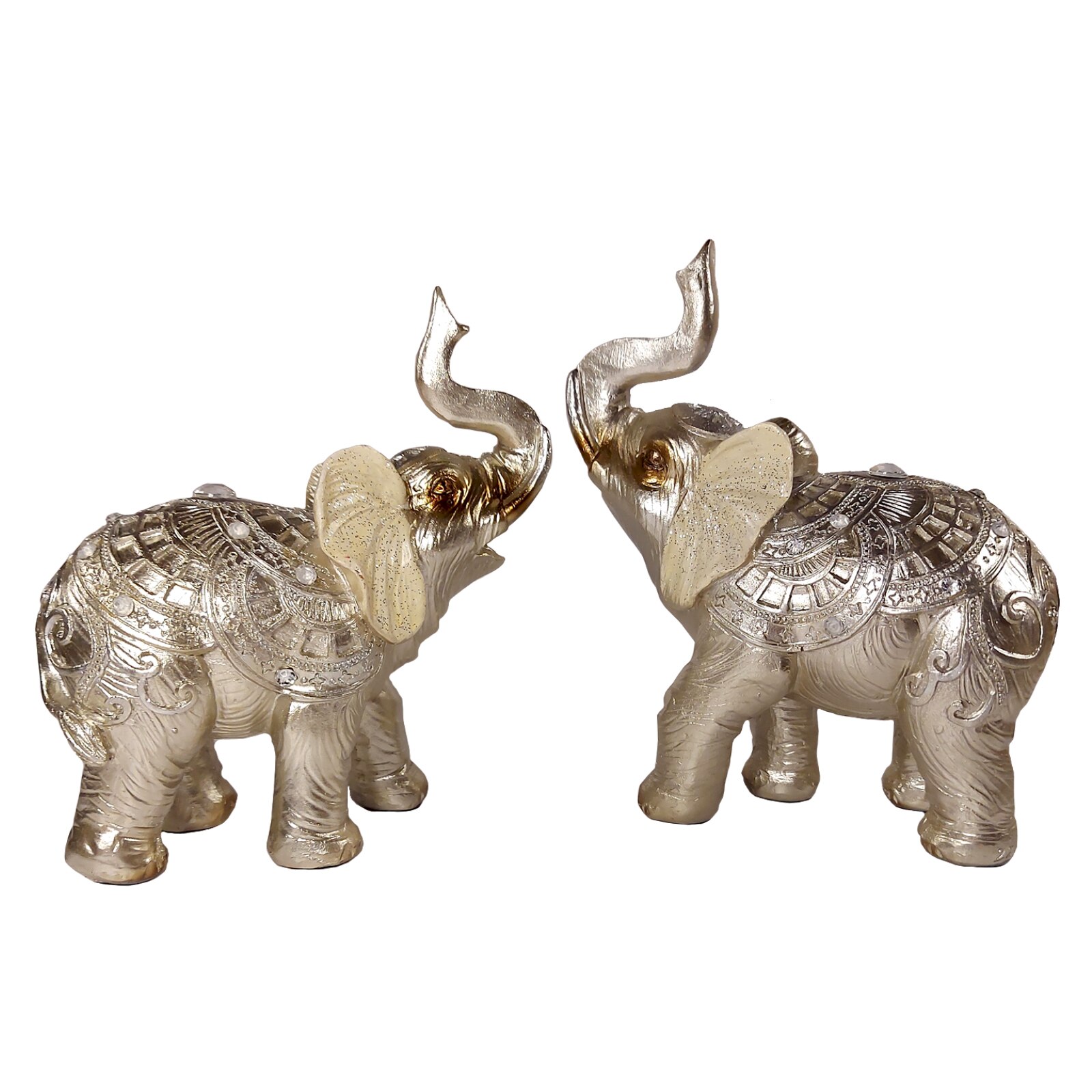 Set 2 Statuete ArtDeco Dedication Elefanti din polirasina de culoare argintie cu insertii si pietricele tansparente