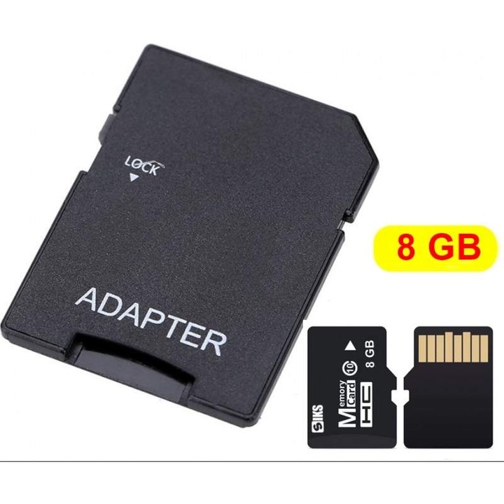 Card de Memorie MicroSD 8 GB SIKS, Clasa 10 De Viteza, TF Cu Adaptor SD Inclus, Potrivit Pentru Camera Supraveghere, Telefon, Tableta, Aparat Foto Si Camera DVR Auto, Rezistenta La Socuri, Frig Si Caldura, Negru