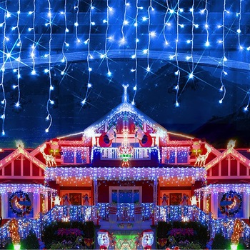 Instalatie de Craciun, Nevermore®, Tip Turturi, Franjuri, Interconectabila, 8 jocuri de lumini, 12 m, 300 LED-uri, Albastru Instalatie de Craciun, Nevermore®, Tip Turturi, Franjuri, Interconectabila, 8 jocuri de lumini, 12 m, 300 LED-uri, Albastru