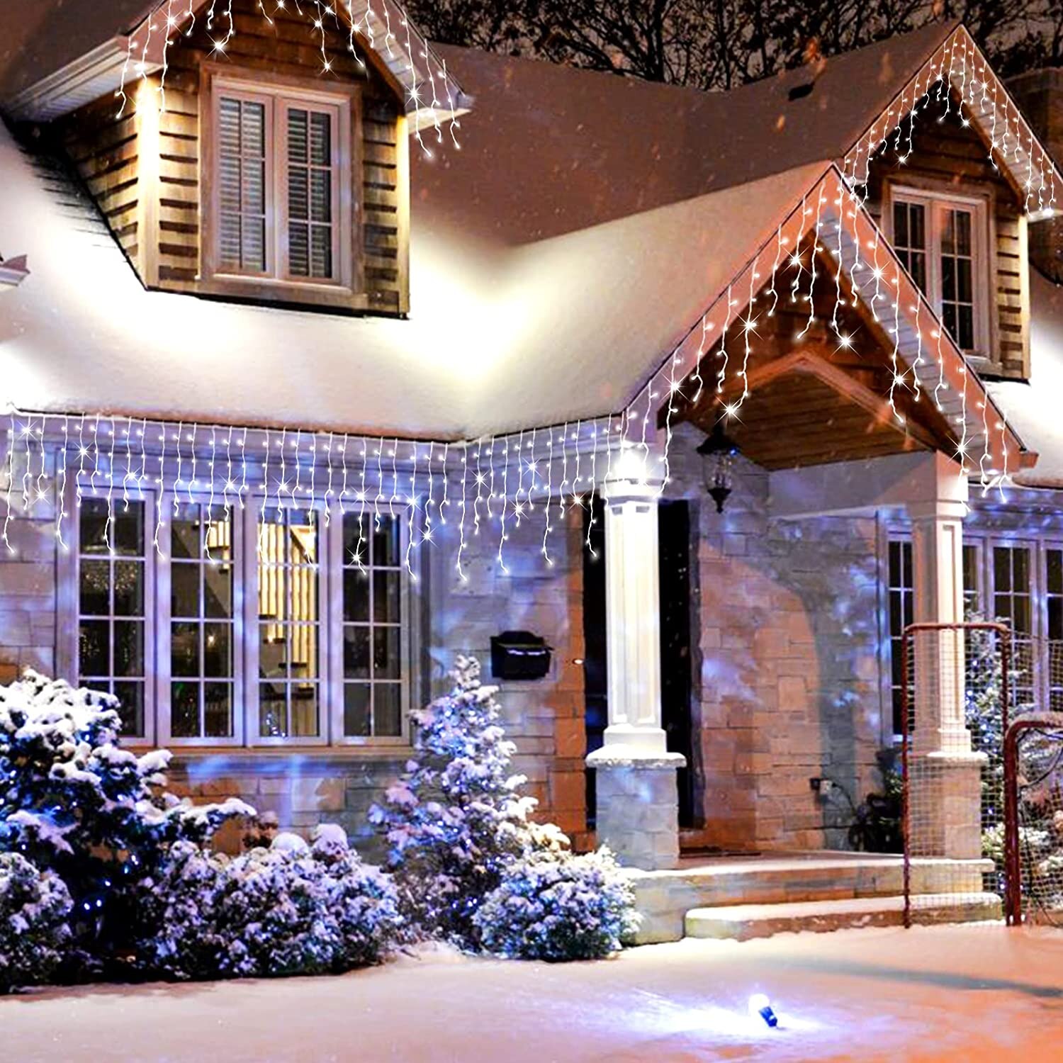 Instalatie de Craciun, Nevermore®, Tip Turturi, Franjuri, Interconectabila, 8 jocuri de lumini, 12 m, 300 LED-uri, Alb rece