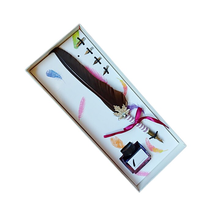 Set caligrafie maro Memories, pana vintage cu penite si calimara