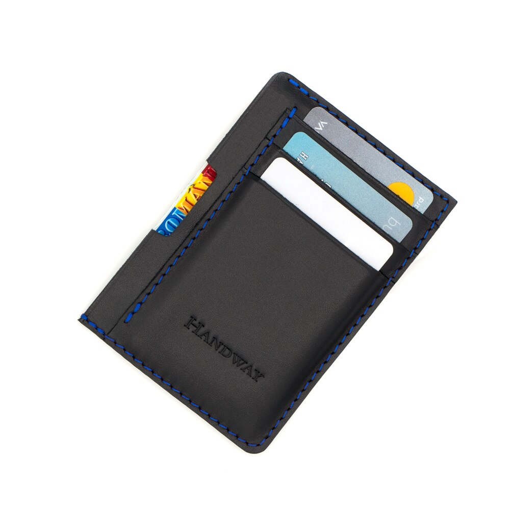 Port card din piele naturala, Compartiment buletin, Handway, Premium, Realizat manual, Negru, Culoare cusatura Albastru