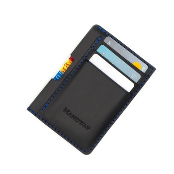 Port card din piele naturala, Compartiment buletin, Handway, Premium, Realizat manual, Negru, Culoare cusatura Albastru Port card din piele naturala, Compartiment buletin, Handway, Premium, Realizat manual, Negru, Culoare cusatura Albastru