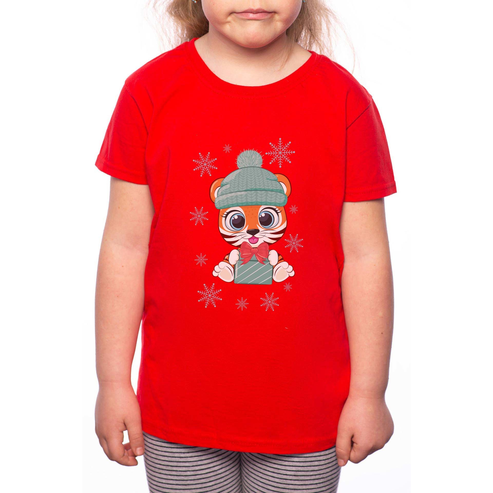 Tricou Fetita, Cute Winter Tiger, 100% Bumbac, P200, Rosu