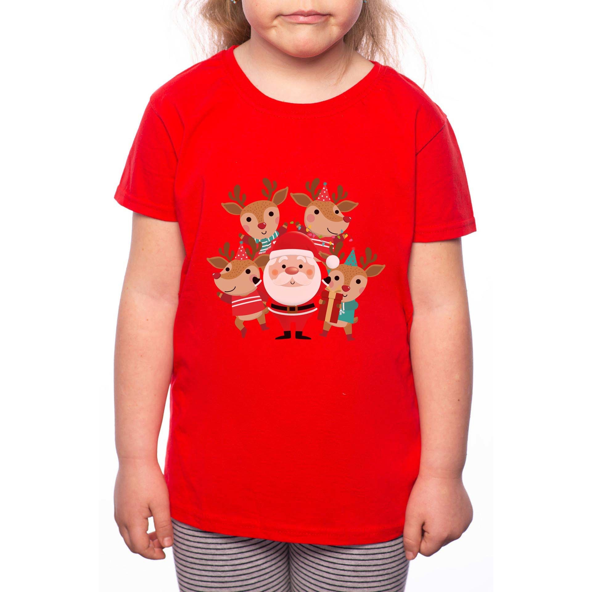 Tricou Fetita, Santa With His Deers, 100% Bumbac, P206, Rosu