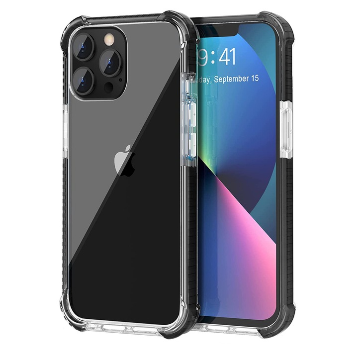Husa pentru iPhone 13 PRO, Hybrid Antisoc, carcasa spate PC transparenta cu Bumper, Negru