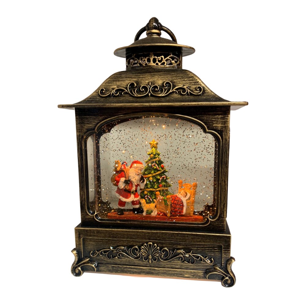 Ornament de Craciun muzical, tip felinar, cu led, agatatoare si zapada, SantaIsComing cu Mos Craciun, 16 cm