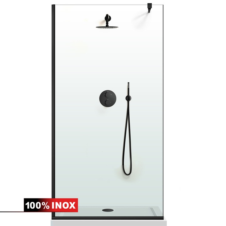 Paravan dus walk-in Aqua Class ® Black, feronerie full inox negru mat, sticla clara, securizata, 70x195 cm