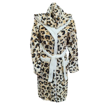 Halat baie, dama, model animal print 02, bej/maro, buzunare, cocolino, gluga, L Halat baie, dama, model animal print 02, bej/maro, buzunare, cocolino, gluga, L