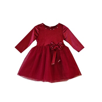 Rochie fete, catifea si tiul cu perle, Rosu, Rosu Bordeaux Rochie fete, catifea si tiul cu perle, Rosu, Rosu Bordeaux