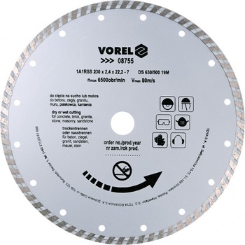 Disc diamantat turbo continuu Vorel 230 mm, taiere umeda si uscata Disc diamantat turbo continuu Vorel 230 mm, taiere umeda si uscata