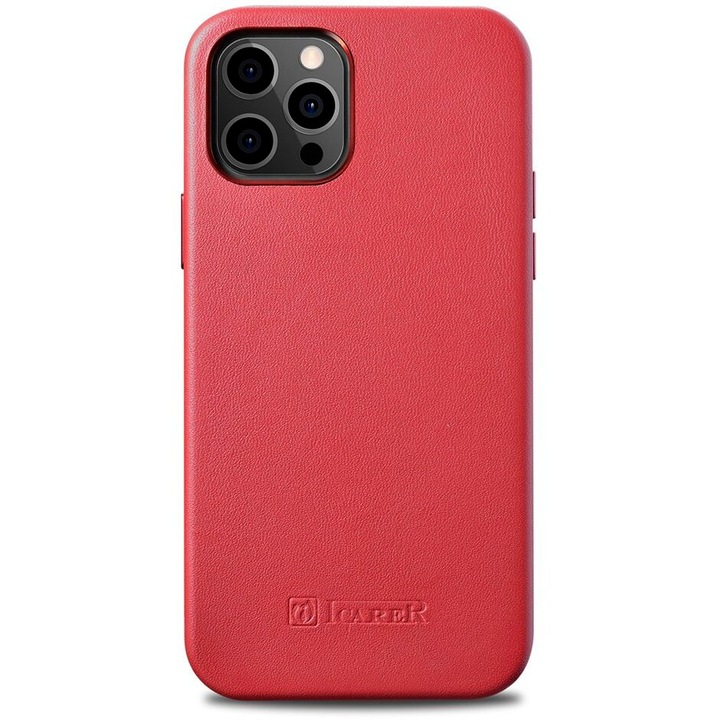 Калъф iCarer Case Leather WMI1216-RD, за iPhone 12 Pro / iPhone 12, червен, MagSafe съвместим, от естествена кожа
