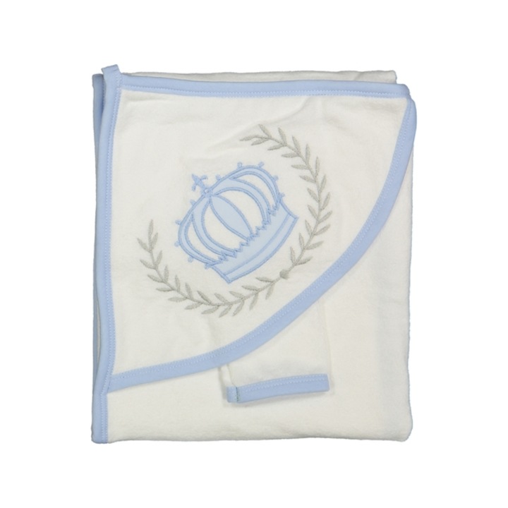 Prosop de baie Coccoo Bebe cu Gluga pentru Bebelusi, 100% Bumbac Organic, Super Absorbant, 80x90, Albastru, Corona