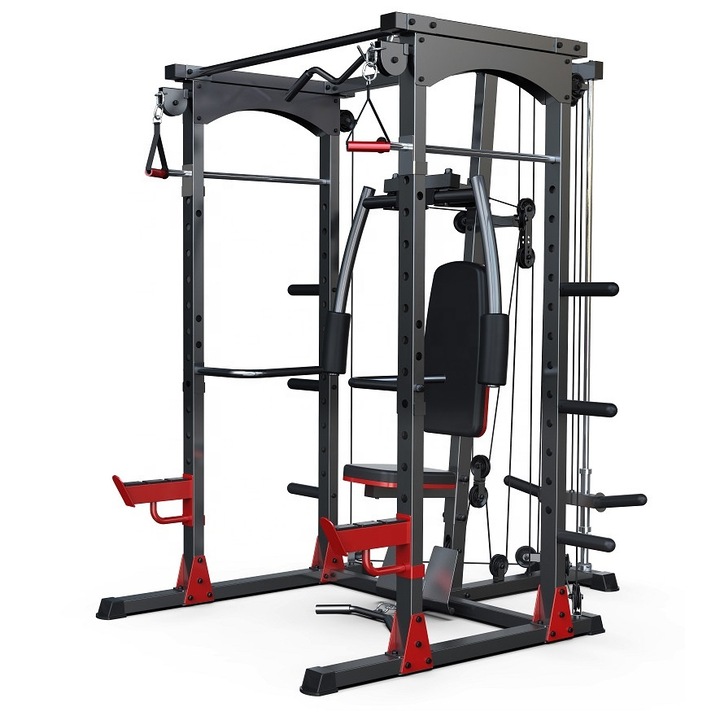 Aparat de fitness combinat, Multi Gym si Smith Machine, metal, negru/rosu, 180 kg